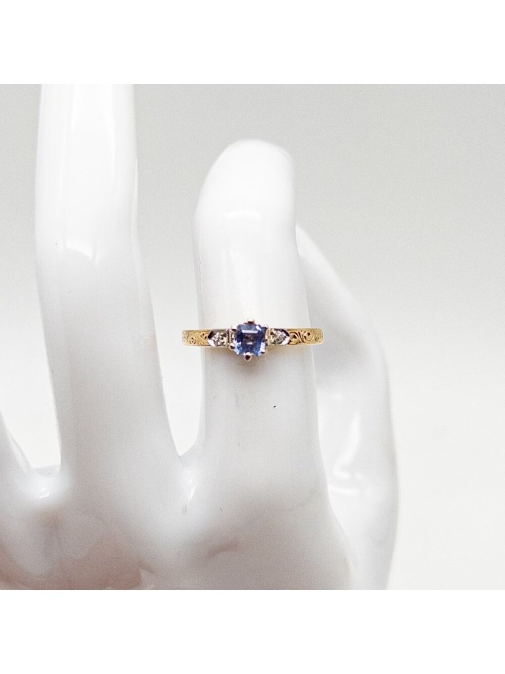 Antique 1920s Natural Asscher Ceylon BLUE Sapphire Diamond 14k Yellow Gold Ring